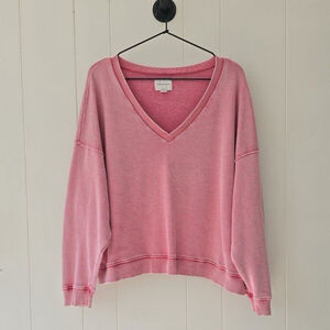 American Eagle Sweater Womens M Pink Oversized Fleece Long Sleeve V Neck Top
